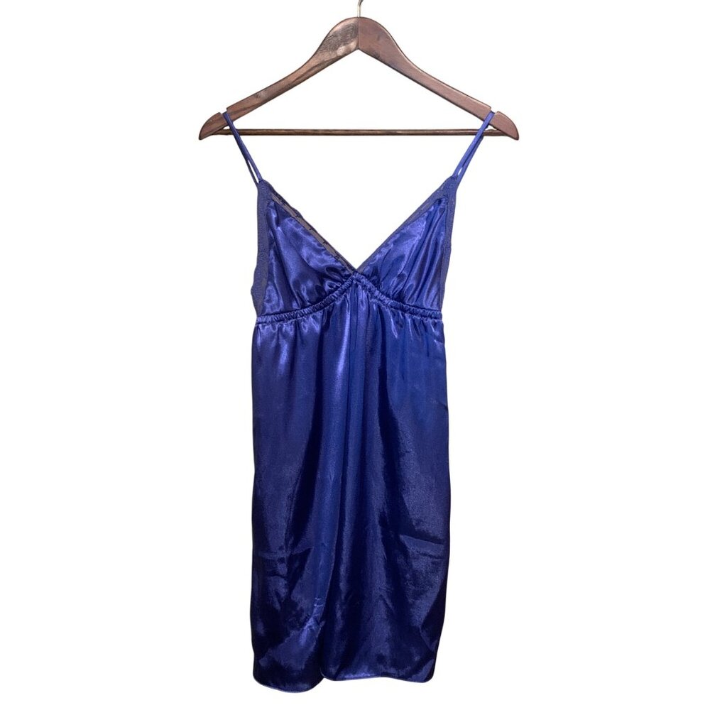 VTG Lilac & Lavender Women’s Satin Babydoll Slip Dress Lace Trim Royal Blue Sz M